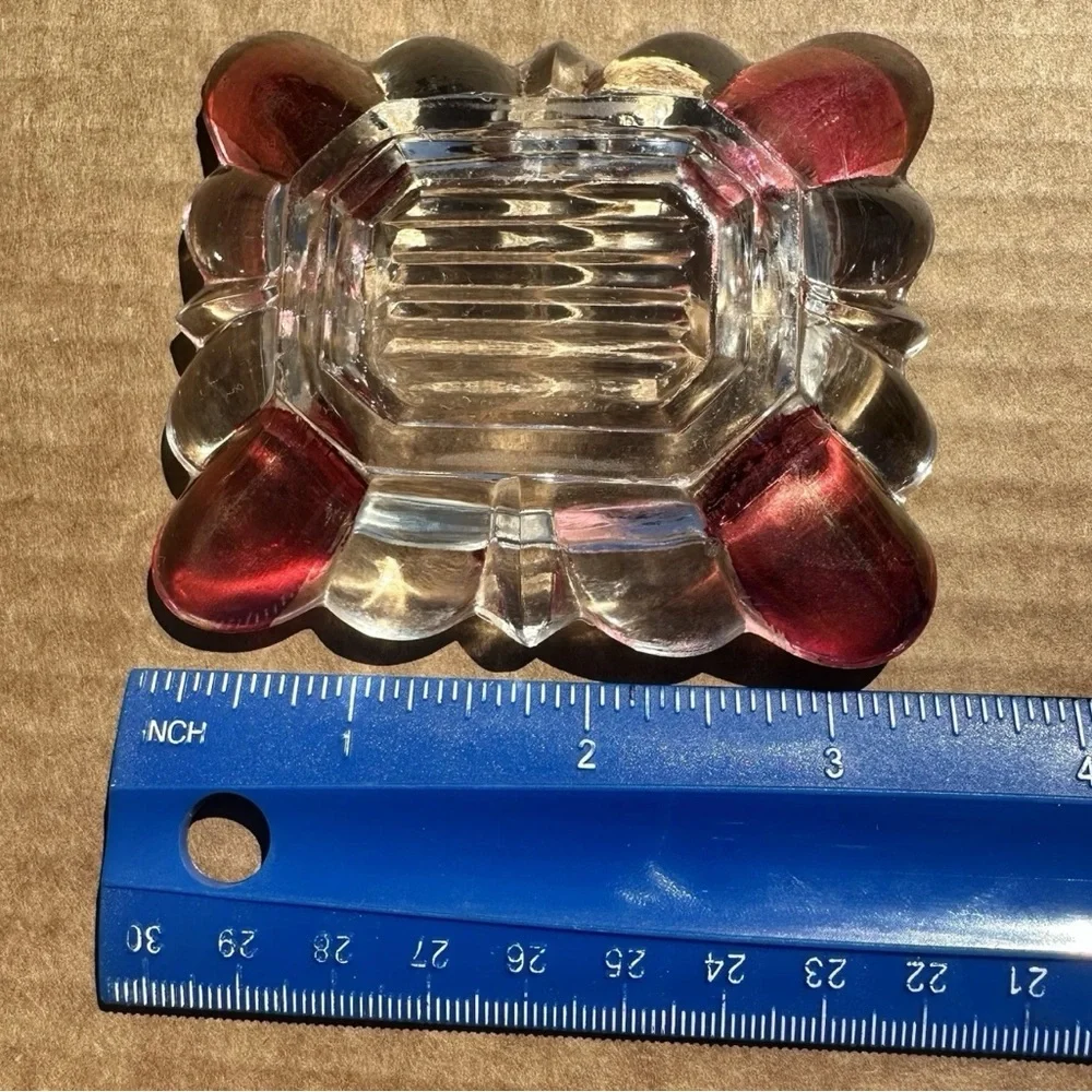 Vintage Ruby Stained Clear Glass Trinket Dish Ashtray